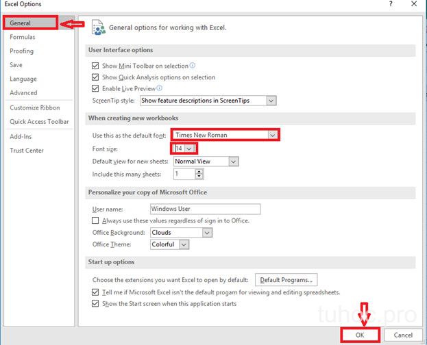 Cài mặc định font chữ cỡ chữ trong Excel 02